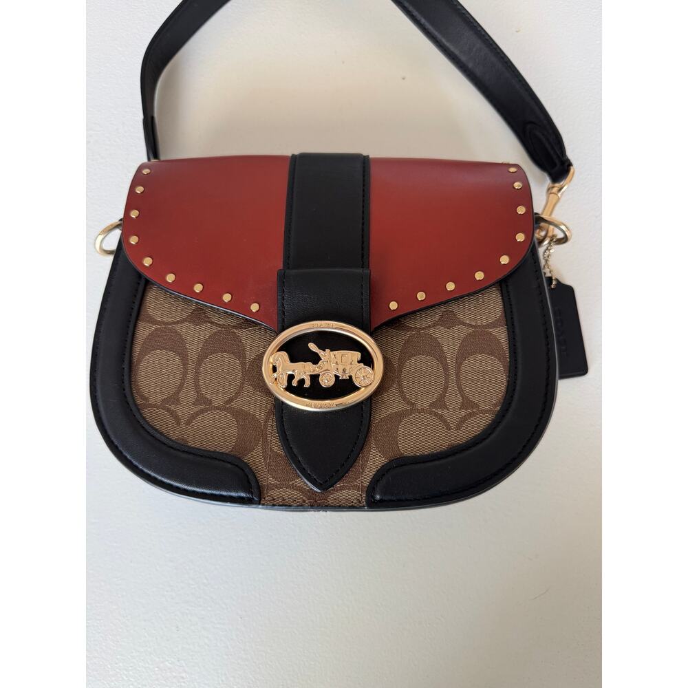 Coach Georgie Saddle Bag In Colorblock Signature Canvas Rivets $398 C3593 - Picture 2 of 12